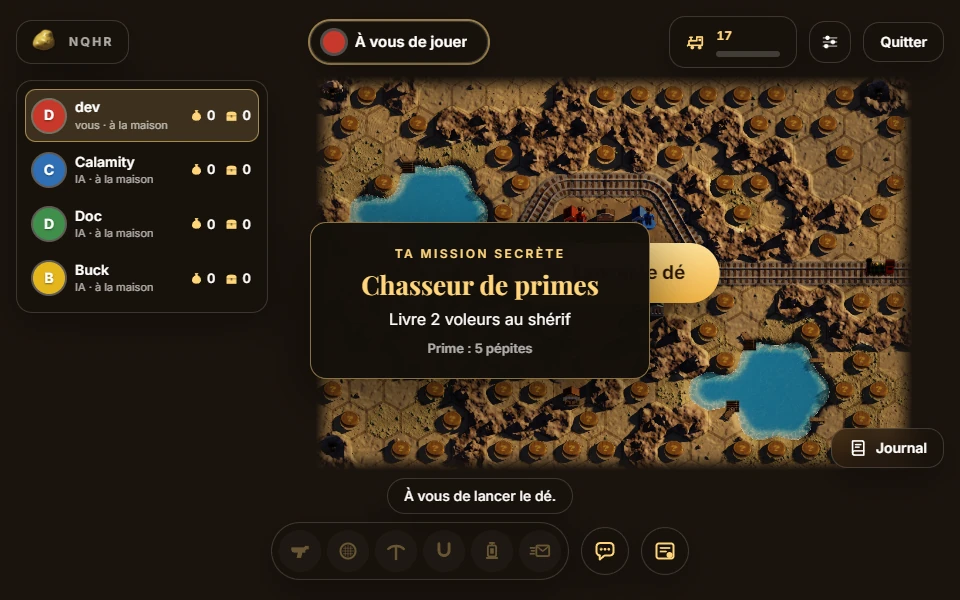 Au début de la partie, la mission secrète se retourne au milieu de l'écran, sur le plateau : « Chasseur de primes : livre 2 voleurs au shérif », une prime de 5 pépites.